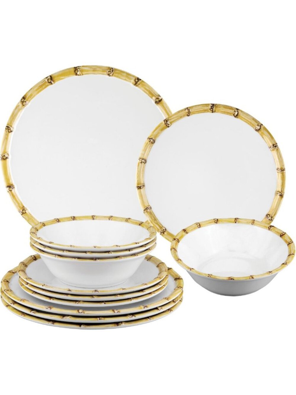 12-Piece Bamboo Melamine Dinnerware Set, Outdoor Plates & Bowls for 4, White